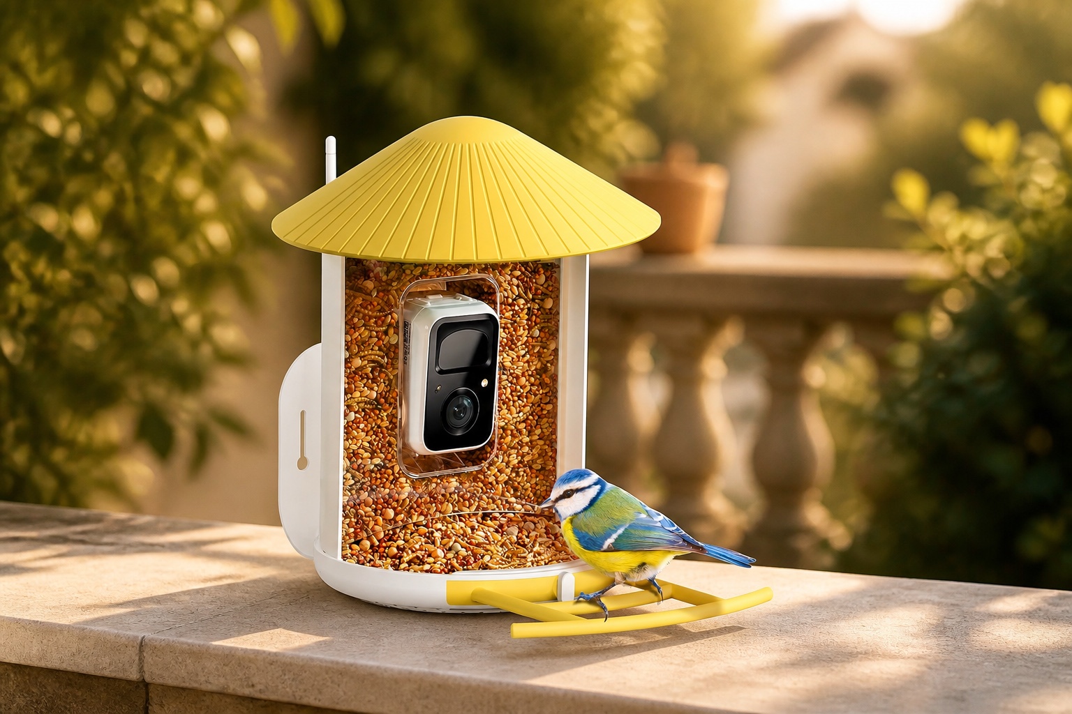 Ambientazione editoriale calda di Birdfy, mangiatoia per uccelli con fotocamera. Il prodotto mantiene forma, colore e dettagli riconoscibili dell’originale.