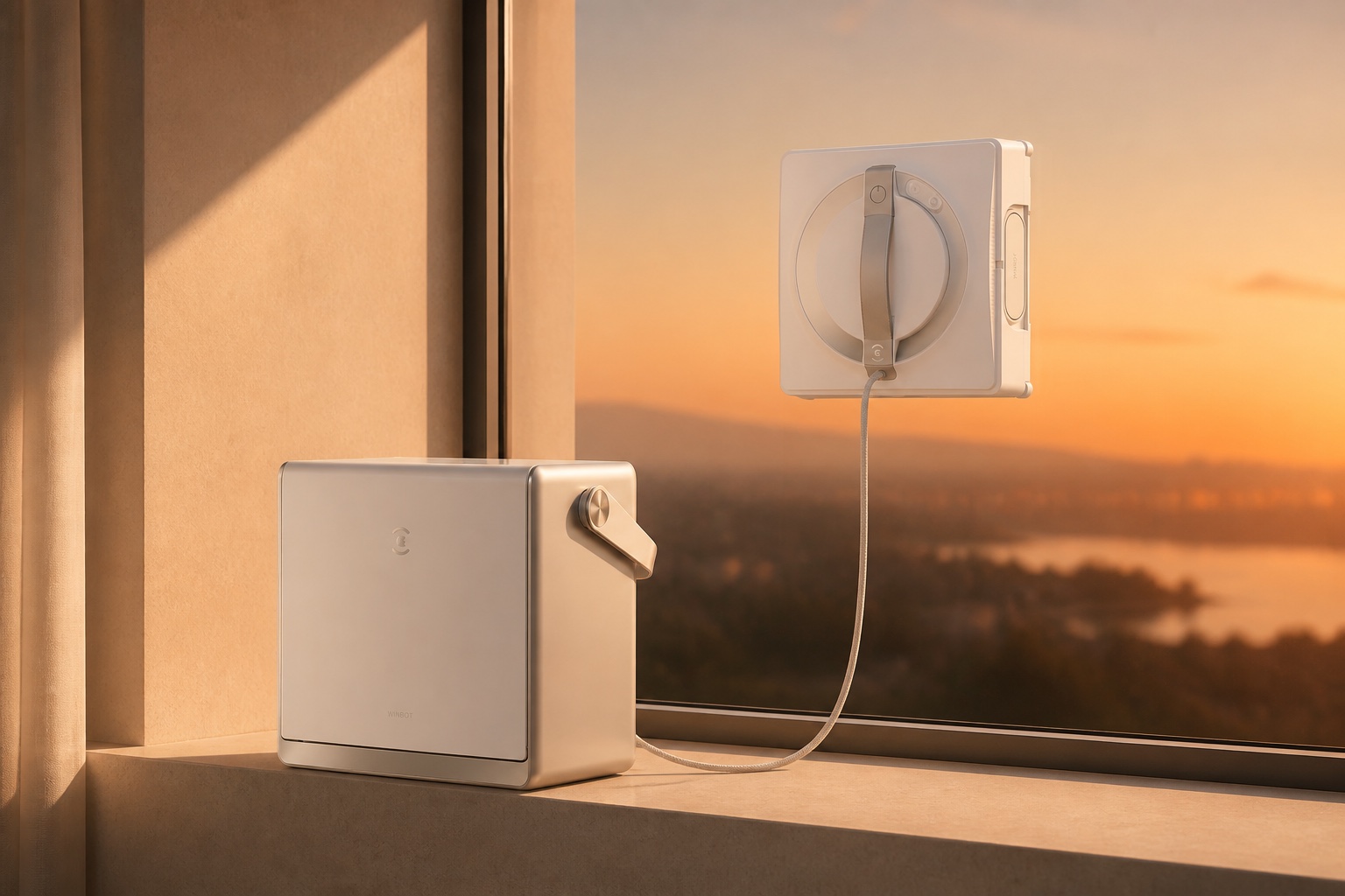 Ambientazione editoriale calda di ECOVACS WINBOT W2 Omni, robot lavavetri con stazione. Il prodotto mantiene forma, colore e dettagli riconoscibili dell’originale.