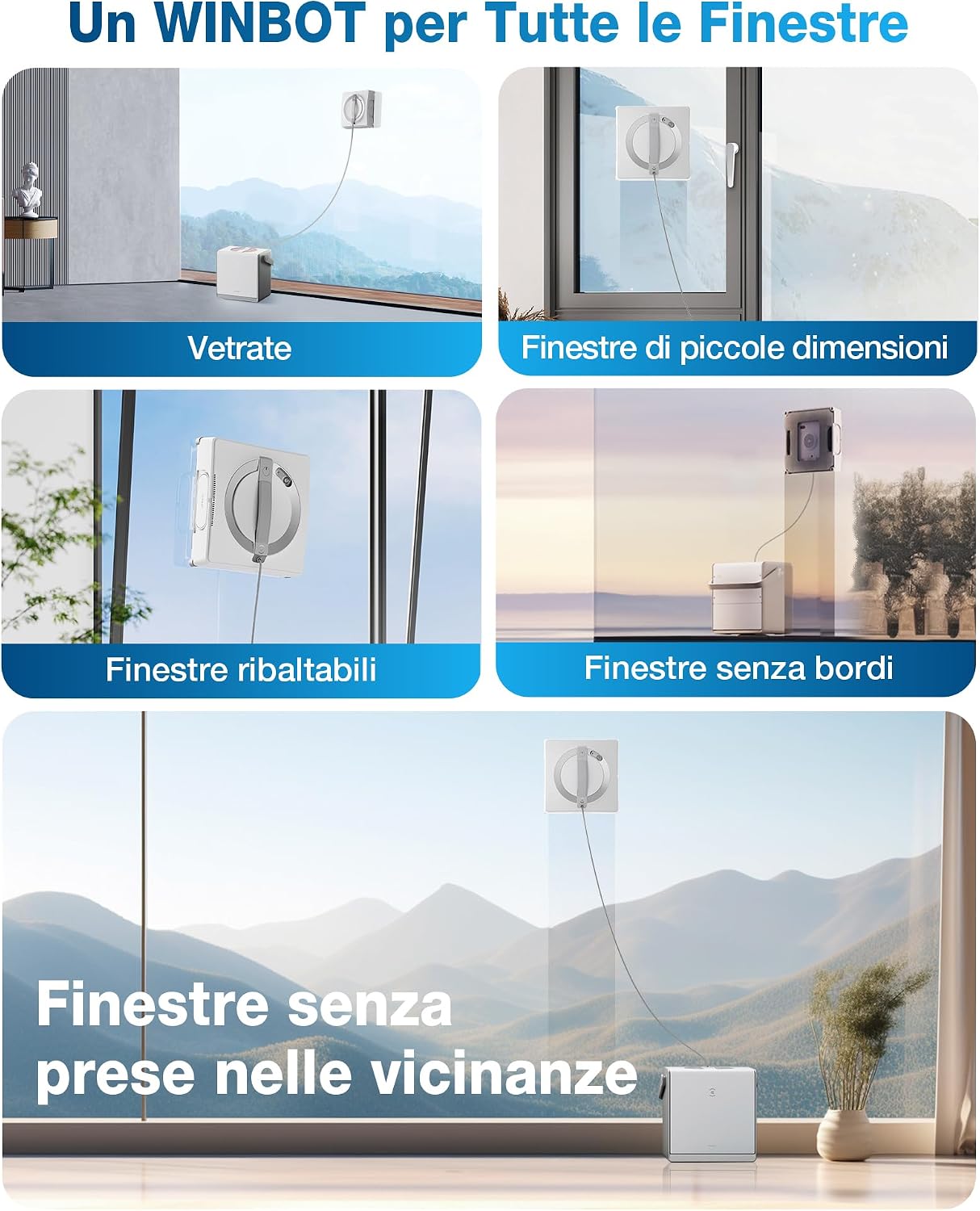 ECOVACS WINBOT W2 Omni in funzione nell’immagine ufficiale. Fotografia ufficiale del prodotto.