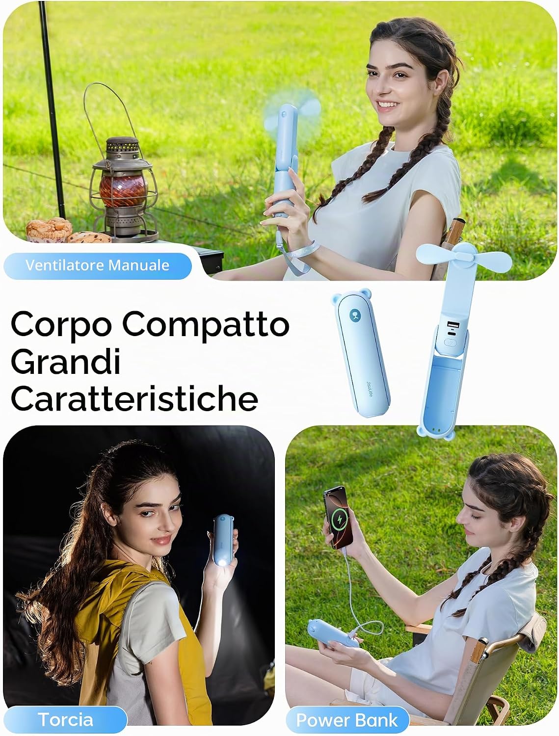 Funzioni del ventilatore portatile JISULIFE mostrate nell’immagine ufficiale. Fotografia ufficiale del prodotto.