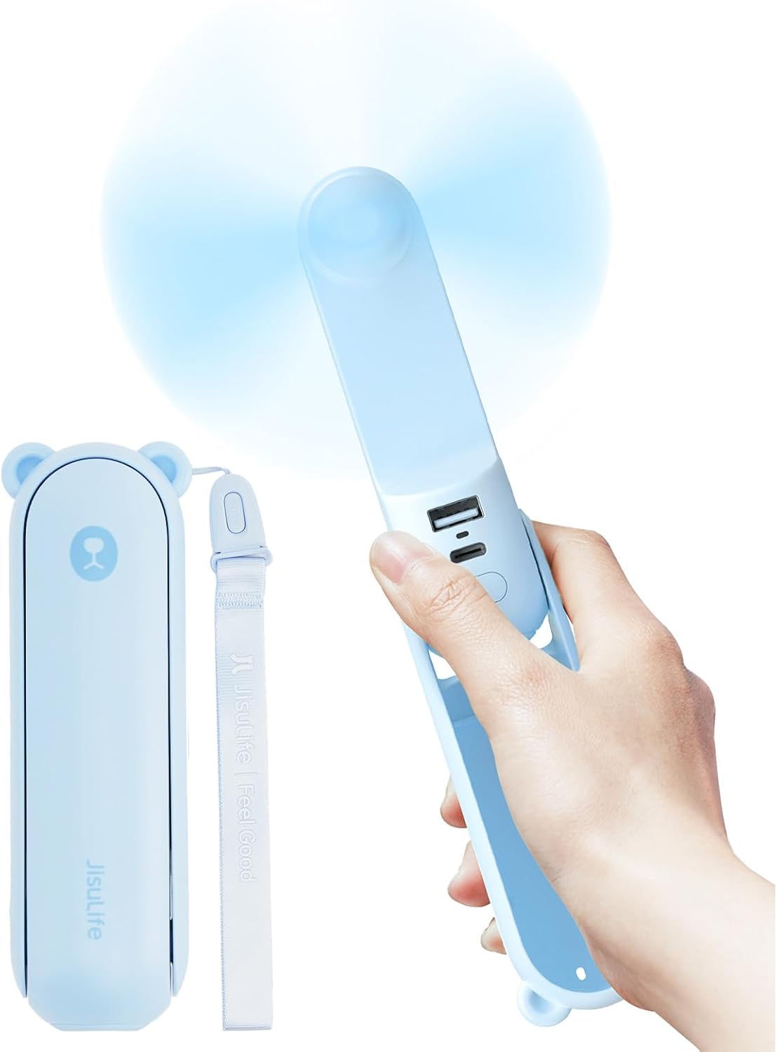 JISULIFE, ventilatore portatile pieghevole blu con power bank. Fotografia ufficiale del prodotto.
