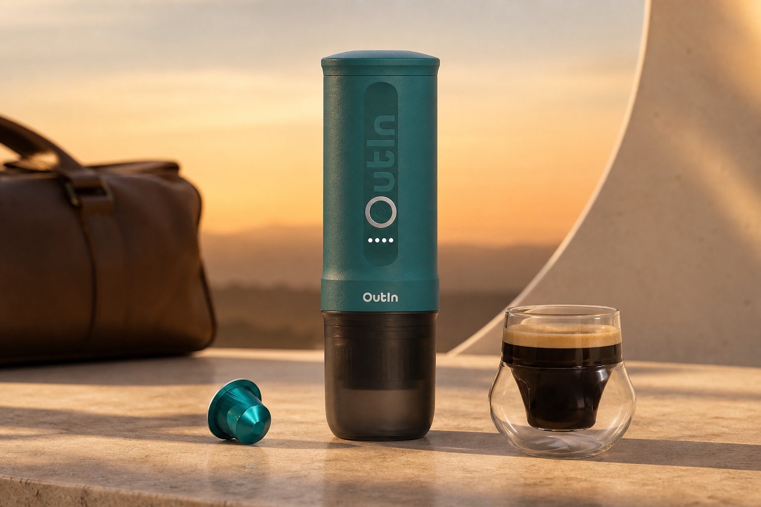 Ambientazione editoriale calda di OutIn Nano, macchina da caffè espresso elettrica portatile color teal. Il prodotto mantiene forma, colore e dettagli riconoscibili dell’originale.