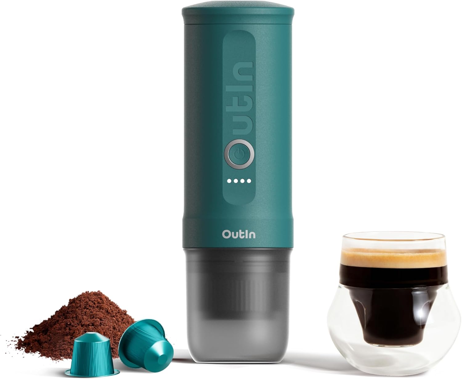 OutIn Nano, macchina da caffè espresso elettrica portatile color teal. Fotografia ufficiale del prodotto.