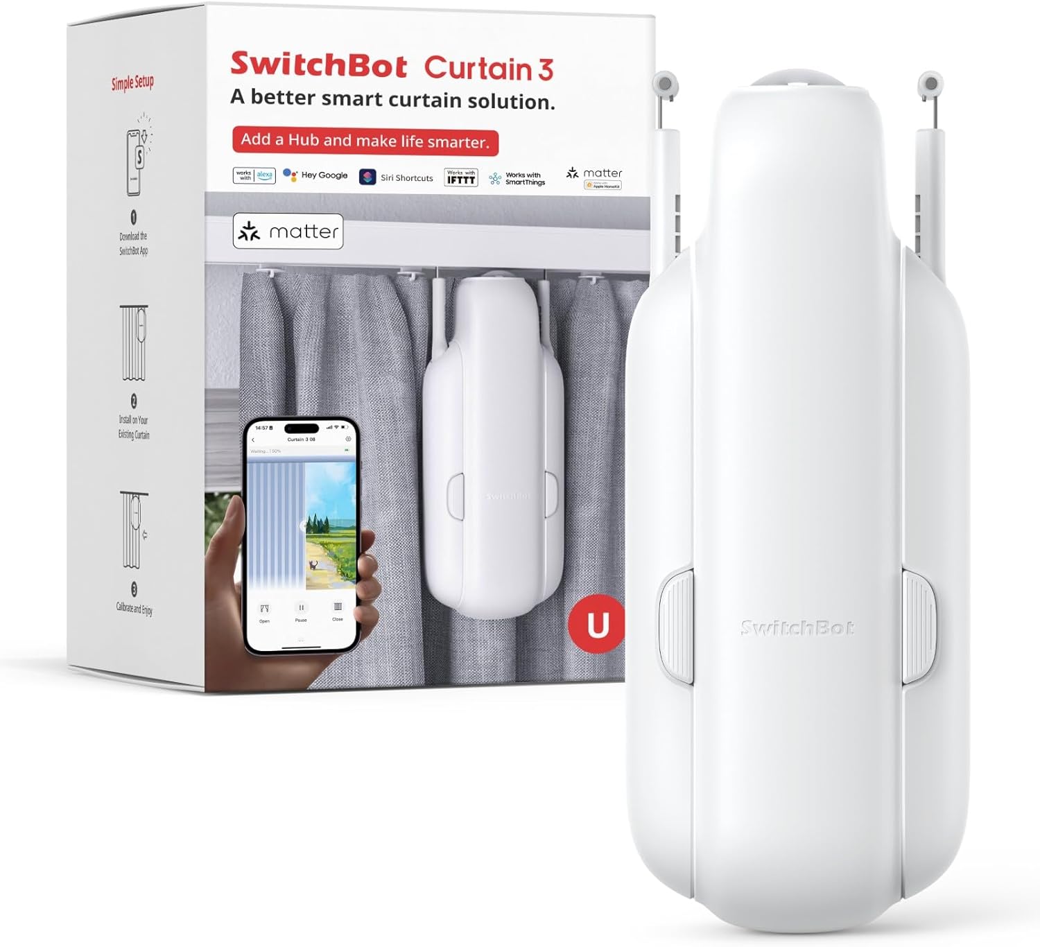 SwitchBot Curtain 3 per binario a U. Fotografia ufficiale del prodotto.